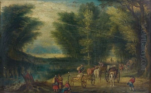 Paysans Et Charriots Sur Un Chemin Et Scene Pastorale (pair) Oil Painting by Jan Peeter Brueghel