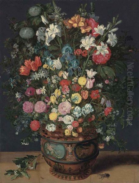 Lilies, Irises, Tulips, Roses, Orchids, Primroses, Peonies And Other Flowers In A Sculpted Vase Decorated With The Figures Of Amphitrite And Ceres... Oil Painting by Jan Peeter Brueghel