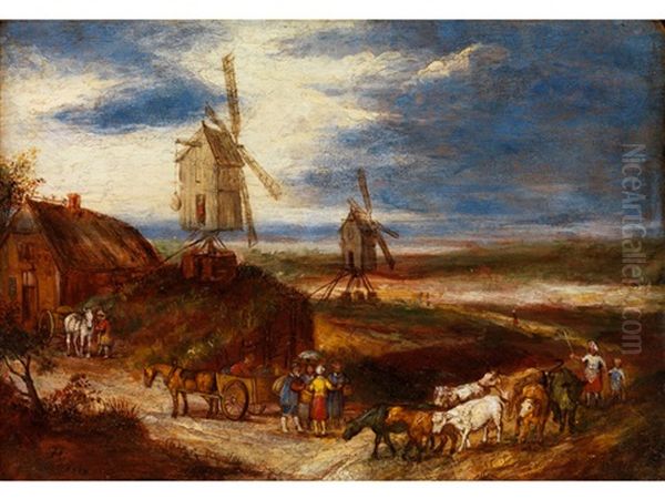 Kleine Dunenlandschaft Mit Bauern Zwischen Pferdekarren Und Rindern Beim Heimtrieb Oil Painting by Jan Peeter Brueghel