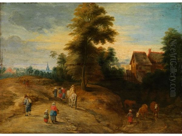 Hugelige Landschaft Mit Baumen Und Bauernhausern Oil Painting by Jan Peeter Brueghel