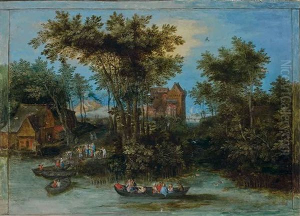 Personnages Embarquant Sur Une Riviere, Des Habitations A L'arriere-plan Oil Painting by Jan Peeter Brueghel