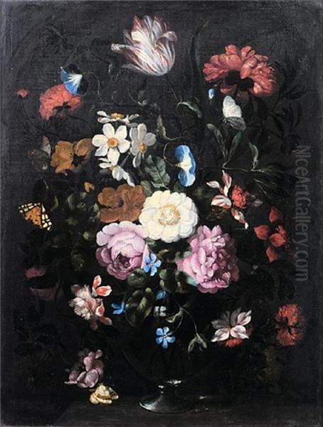 Flowers In A Glass Vase On A Table Top (+ Another; Pair) Oil Painting by Jan Peeter Brueghel