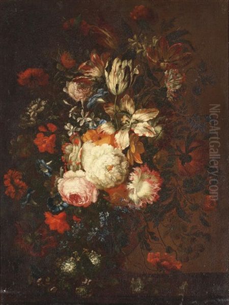 Roses, Tulips, Violets And Other Flowers In A Glass Vase On A Wooden Ledge Oil Painting by Jan Peeter Brueghel