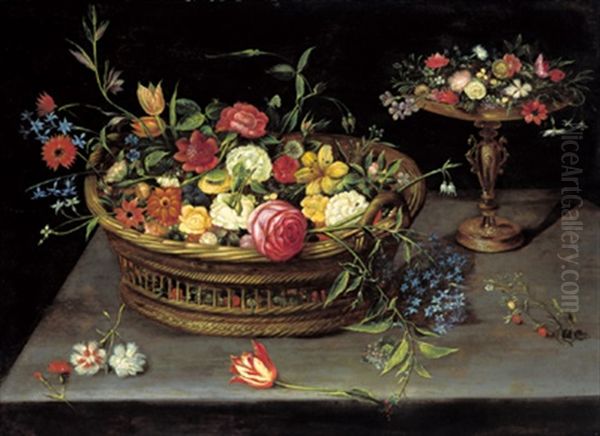 Ein Korb Und Eine Silberne Oil Painting by Jan Peeter Brueghel