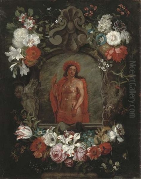 A Personification Of America In A Cartouche, Surrounded By A Garland Of Flowers Oil Painting by Jan Peeter Brueghel