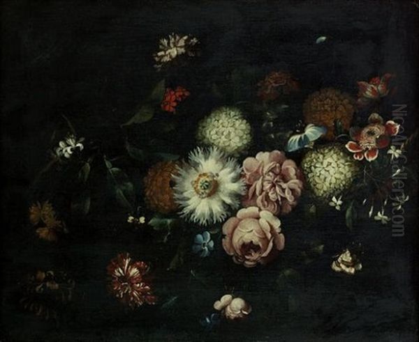 A Passion Flower, Honeysuckle, Carnations, Roses And Other Flowers On A Stone Ledge With A Butterfly Oil Painting by Jan Peeter Brueghel