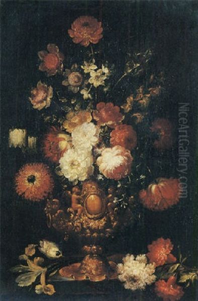 Mixed Flowers In A Bronze Vase On A Ledge Oil Painting by Jan Peeter Brueghel