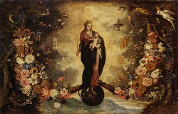 The Madonna And Christ (the Madonna Of Halle ?) With Her Attributes, In A Flower Garland With Various Birds by Jan Peeter Brueghel