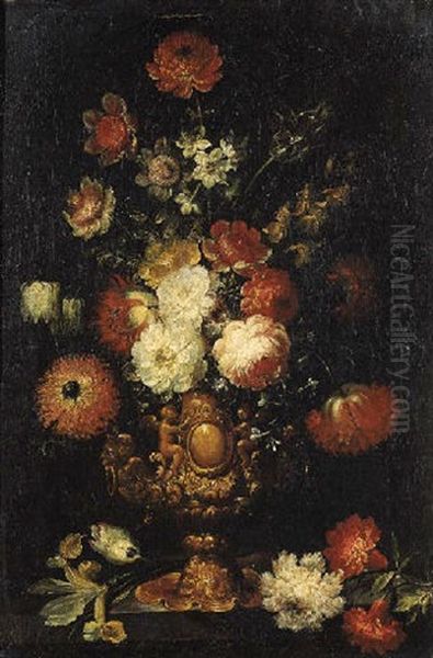 Mixed Flowers In A Bronze Vase On A Ledge Oil Painting by Jan Peeter Brueghel