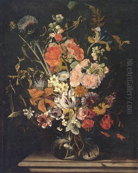 Still Life Of Tulips, Carnations, Stocks, Irises, Thistles And Lilies In A Glass Vase Upon A Stone Ledge Oil Painting by Jan Peeter Brueghel