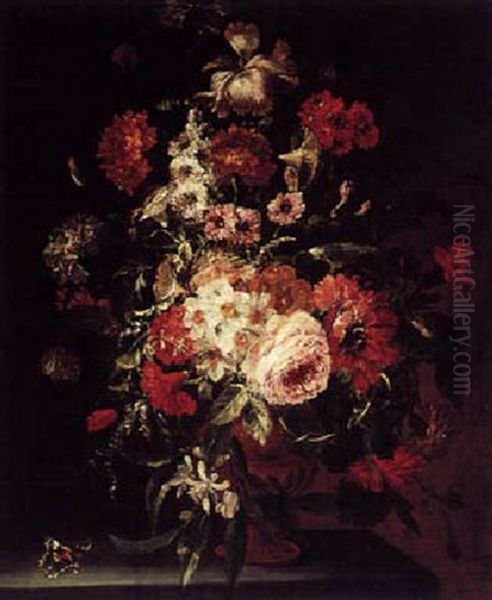 Still Life Of Roses, Carnations, Anemones And Other Flowers In A Terracotta Vase With A Butterfly On A Stone Ledge by Jan Peeter Brueghel