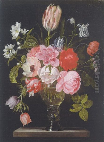 Tulips, Roses, Poppies, Anemones, Gardinia And Other Flowers In A Roemer On A Stone Plinth Oil Painting by Jan Peeter Brueghel