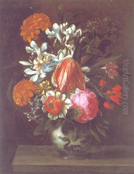 Blumenstraus In Einer Figural Verzierten Tonvase by Jan Peeter Brueghel