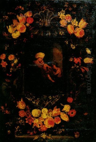 The Madonna And Child With The Infant Saint John The Baptist In A Feigned Stone Niche Decorated With Flowers Oil Painting by Jan Peeter Brueghel