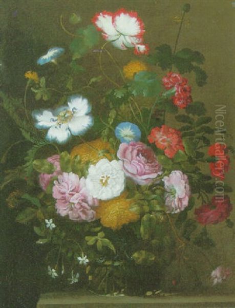 Roses, Carnations, Dahlias And Other Flowers In A Vase On A Stone Ledge Oil Painting by Jan Peeter Brueghel