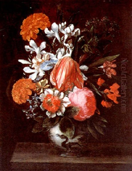 A Bouquet Of Flowers In A Decorated Clay Vase Oil Painting by Jan Peeter Brueghel