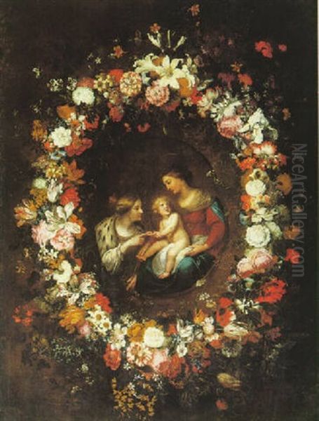 The Marriage Of Saint Catherine, Surrounded By An Oval Garland Of Flowers Oil Painting by Jan Peeter Brueghel