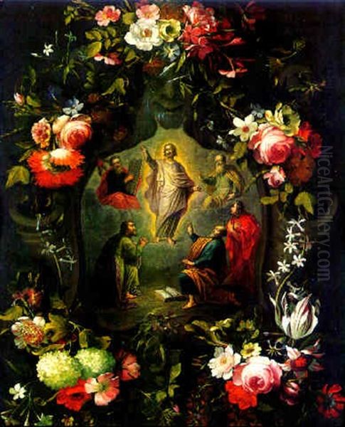 The Transfiguration Seen Through A Stone Cartouche Surrounded By Flowers And Leaves Oil Painting by Jan Peeter Brueghel