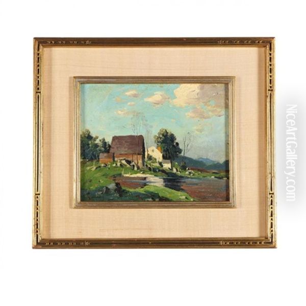 Farmhouse On Pond Oil Painting by George Matthew Bruestle