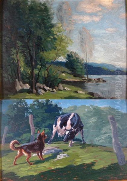 Lakes Edge (+ Dog And Cow; 2 Works) Oil Painting by George Matthew Bruestle