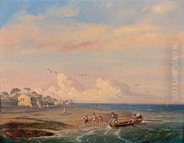 Scene De Peche Sur Le Littoral Oil Painting by Antonio De Brugada Vila