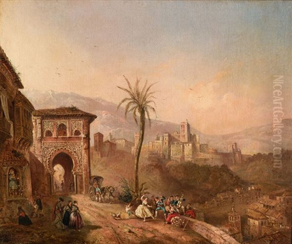 Vista De Granada Con La Alhambra Al Fondo, Tomada Desde El Antiguo Mirador De San Nicolas En El Albaicin,; Con La Iglesia De San Pedro Y San Pablo Y El Antiguo Caserio Del Paseo De Los Tristes Oil Painting by Antonio De Brugada Vila