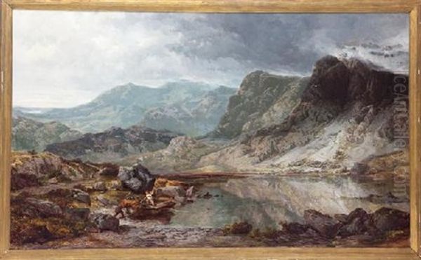 Paisaje Del Pirineo Catalan Con Laguna Y Pescadores Oil Painting by Antonio De Brugada Vila