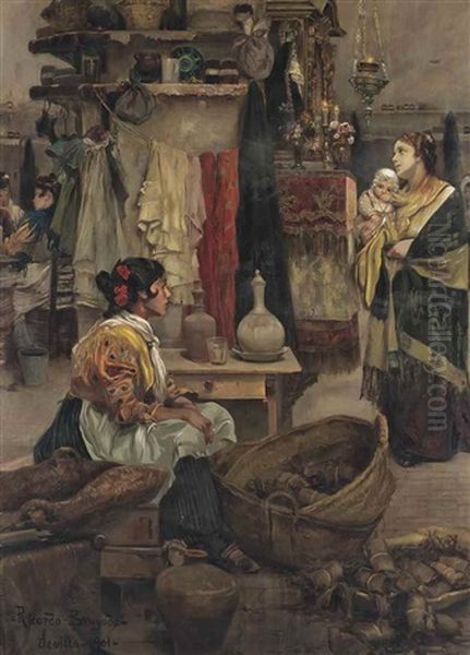 Women Cooking In A Kitchen Interior Oil Painting by Ricardo (Panito) Brugada y Panizo