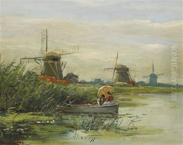 Windmuhlen Am Ufer Mit Ruderboot Oil Painting by Victor Brugairolles