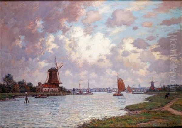 Canal En Hollande Dans Les Environs De Dortdrecht Oil Painting by Victor Brugairolles