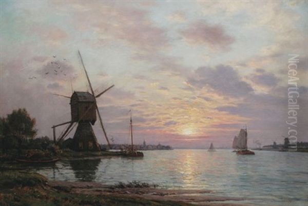 Windmill At Sunset Oil Painting by Victor Brugairolles