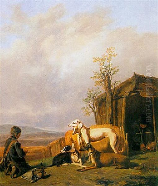 A Boy With His Dogs In A Landscape Oil Painting by Guillaume Anne Van Der Brugghen