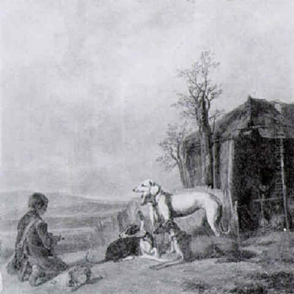 Lurchers Waiting For The Hunt Oil Painting by Guillaume Anne Van Der Brugghen