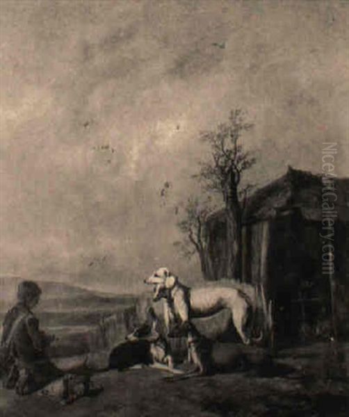 Lurchers Waiting For The Hunt Oil Painting by Guillaume Anne Van Der Brugghen