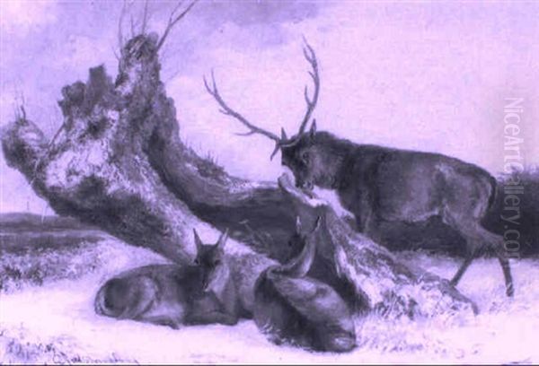 Deer In A Snowy Landscape Oil Painting by Guillaume Anne Van Der Brugghen