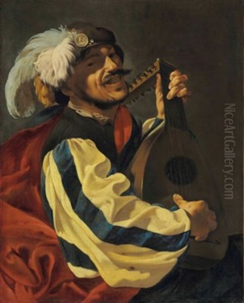 A Man Playing A Lute Oil Painting by Hendrick Ter Brugghen