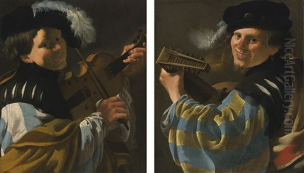 A Man Playing A Lute And A Man Playing A Viola Da Braccio: A Pair Oil Painting by Hendrick Ter Brugghen