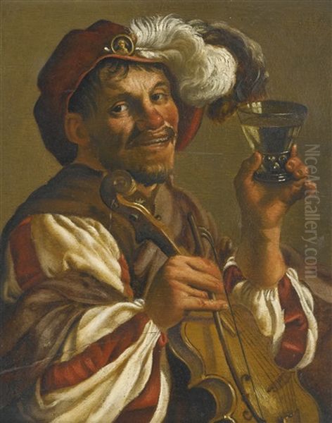 Man With A Glass And Violin (17th Century Engraving After Hendrik Terbrugghen By Theodor Matham) Oil Painting by Hendrick Ter Brugghen