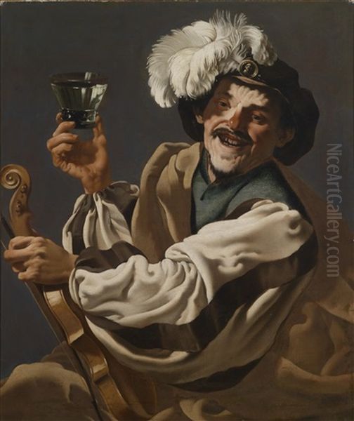 Ein Violinspieler Mit Einem Weinglas (collab. W/workshop) Oil Painting by Hendrick Ter Brugghen