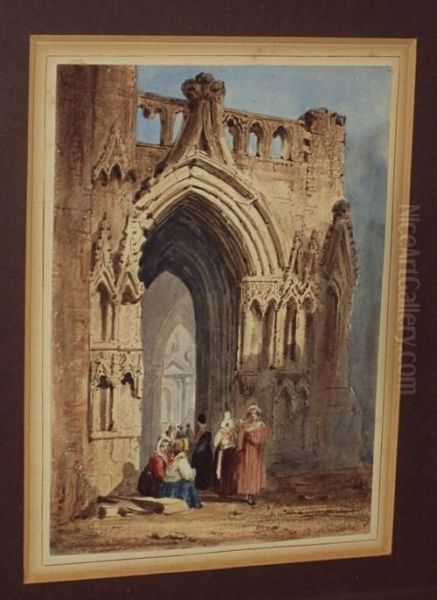 A Continental Church Porch Oil Painting by Thomas Allom