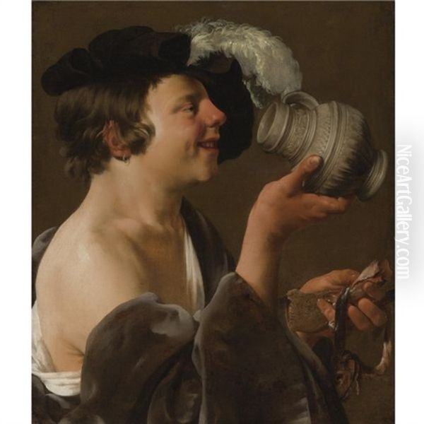 Boy In Profile, Drinking From A Tankard; A Kannekijker Oil Painting by Hendrick Ter Brugghen