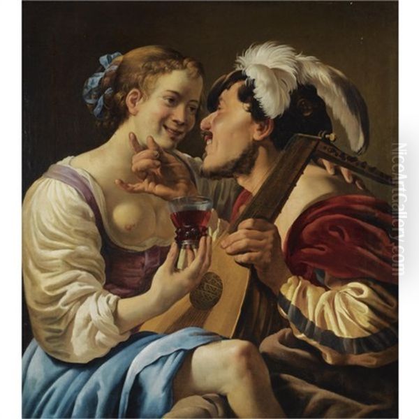 A Luteplayer Carousing With A Young Woman Holding A Roemer Oil Painting by Hendrick Ter Brugghen