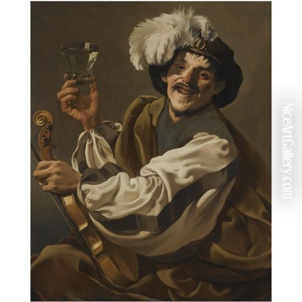 A Jovial Violinist Holding A Glass Of Wine Oil Painting by Hendrick Ter Brugghen