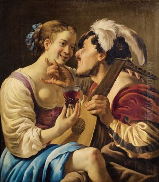 Scene Galante Avec Un Joueur De Luth Et Une Jeune Femme Tenant Un Roemer Oil Painting by Hendrick Ter Brugghen