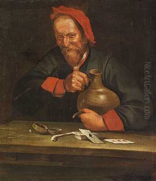 Skaegget Herre Med En Krukke I Favnen Siddende Ved Et Bord Med Spillekort Oil Painting by Hendrick Ter Brugghen