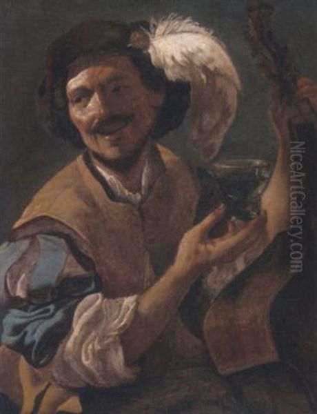 A Laughing Bravo With A Bass Viol And A Roemer Oil Painting by Hendrick Ter Brugghen