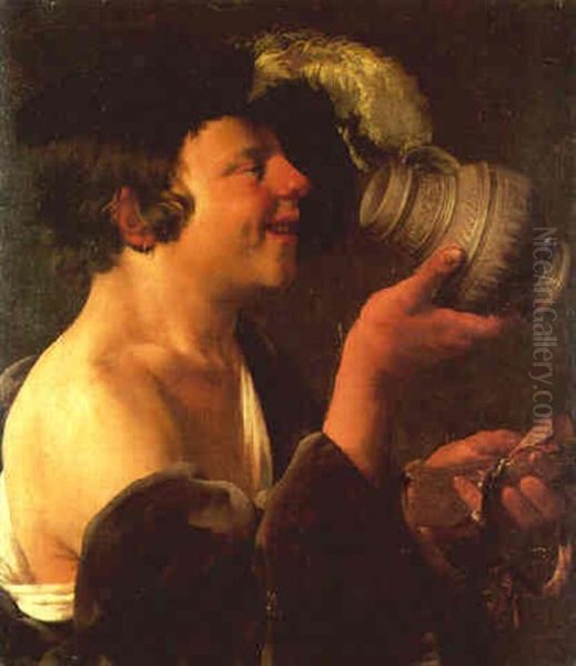 A Boy With A Tankard Holding Dried Fish Oil Painting by Hendrick Ter Brugghen