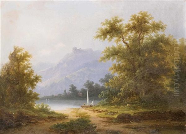 Alpine Seelandschaft Mit Kleinem Segelboot Oil Painting by Coelestin Bruegner