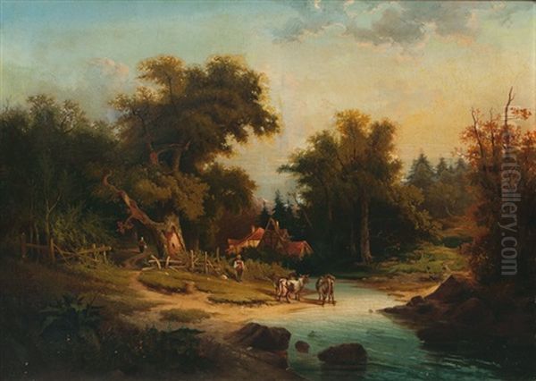 Landscape With Farmyard And Cows By A Creek Oil Painting by Coelestin Bruegner