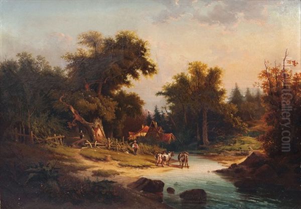 Landscape With Farmyard And Cows By A Creek Oil Painting by Coelestin Bruegner